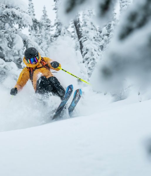 Freerider in gelber Jacke fährt durch Tiefschnee zwischen verschneiten Bäumen